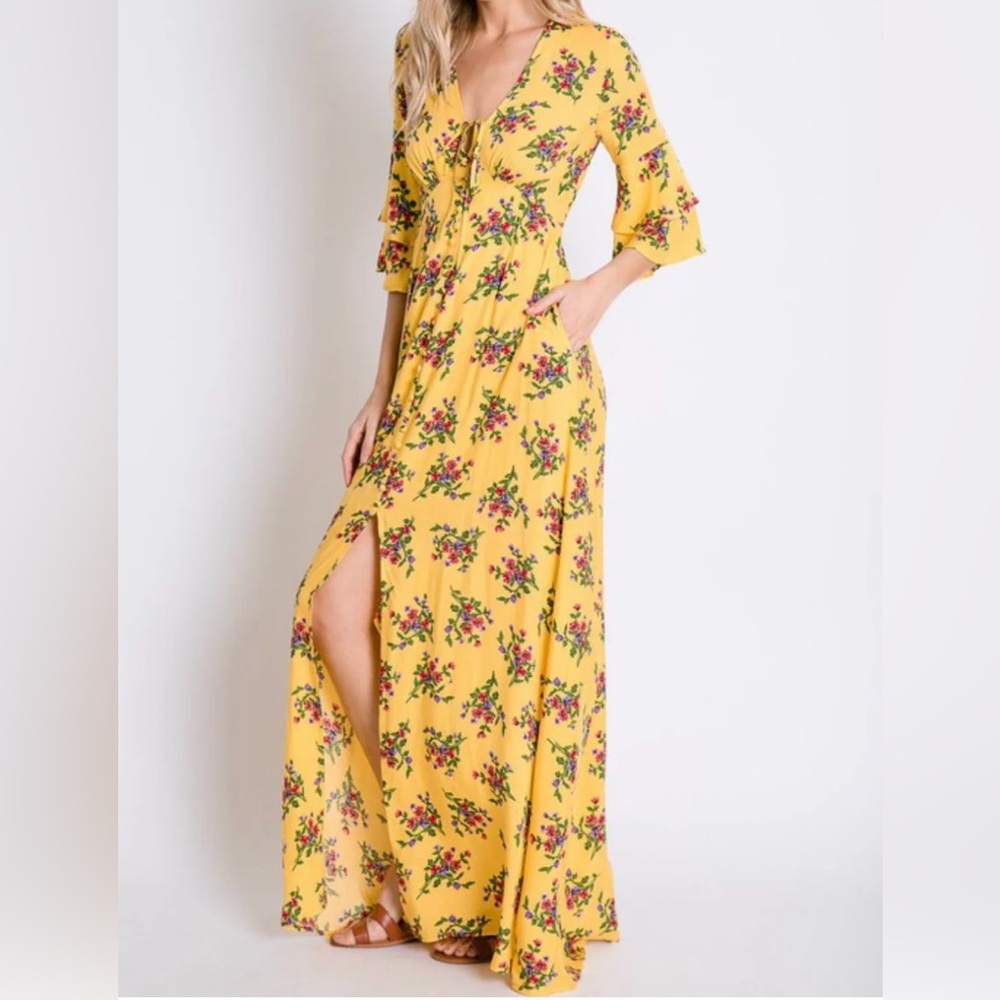 NEW DAVI & DANI Romantic Garden Maxi Dress in Yellow/Floral LG